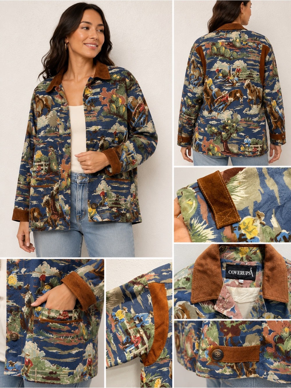 Cover Up Scenic Print Jean Jacket with Brown Corduroy Trim - Blue M/L petite